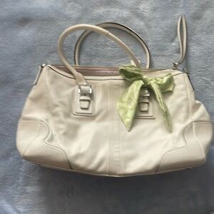 Coach Hamilton Chalk White Leather Handbag with green signature scarf bow accent
